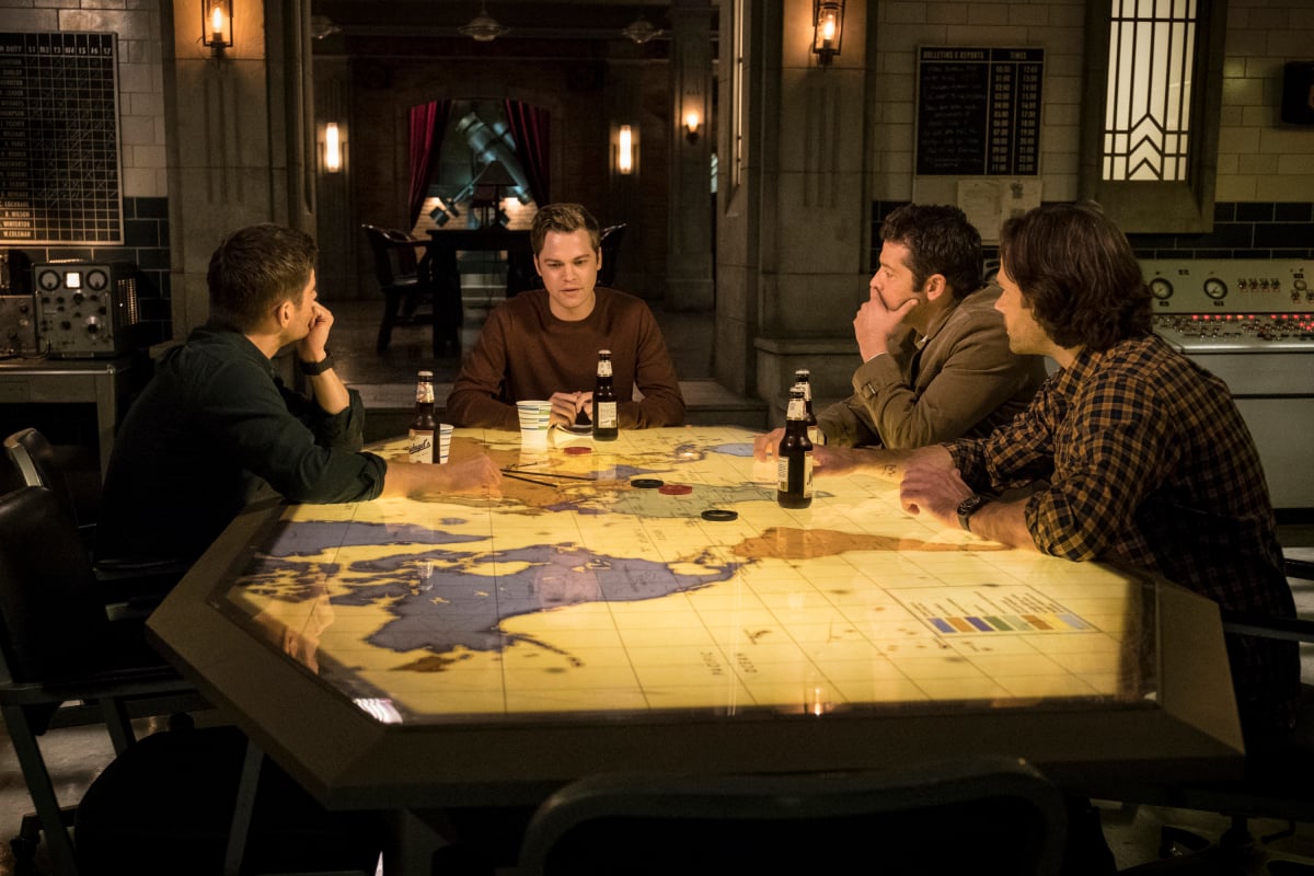 Supernatural -- "The Gamblers" -- Image Number: SN1511A_0209bc.jpg -- Pictured (L-R): Jensen Ackles as Dean, Alexander Calvert as Jack, Misha Collins as Castiel and Jared Padalecki as Sam -- Photo: Cate Cameron/The CW -- © 2020 The CW Network, LLC. All Rights Reserved.