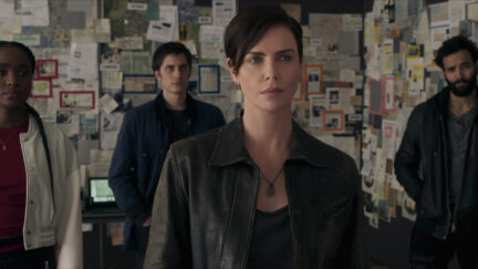 THE OLD GUARD (L to R) KIKI LAYNE as NILE, LUCA MARINELLI as NICKY, CHARLIZE THERON as ANDY, MARWAN KENZARI as JOE in THE OLD GUARD. Cr. Courtesy of Netflix/NETFLIX © 2020