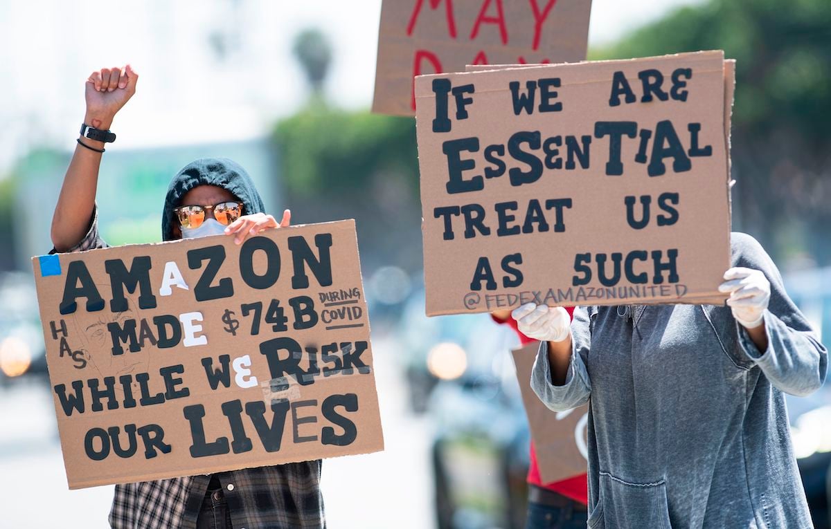 Amazon workers protest in the streets.