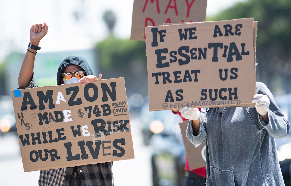 Amazon workers protest in the streets.