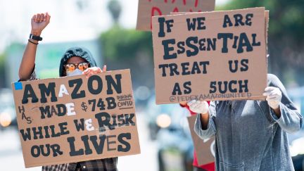 Amazon workers protest in the streets.