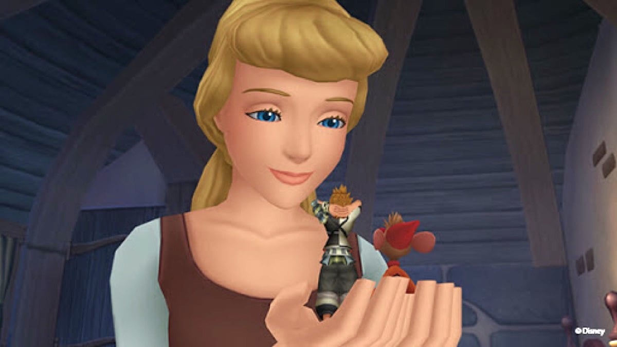 Cinderella holds in her hands a mouse and tiny Sora in Kingdom Hearts.
