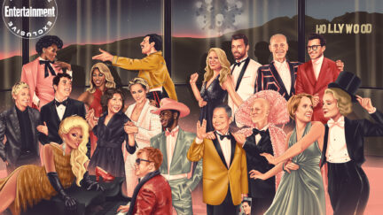 a collection of LGBTQ icons meets for a party in the uncanny valley on EW's cover