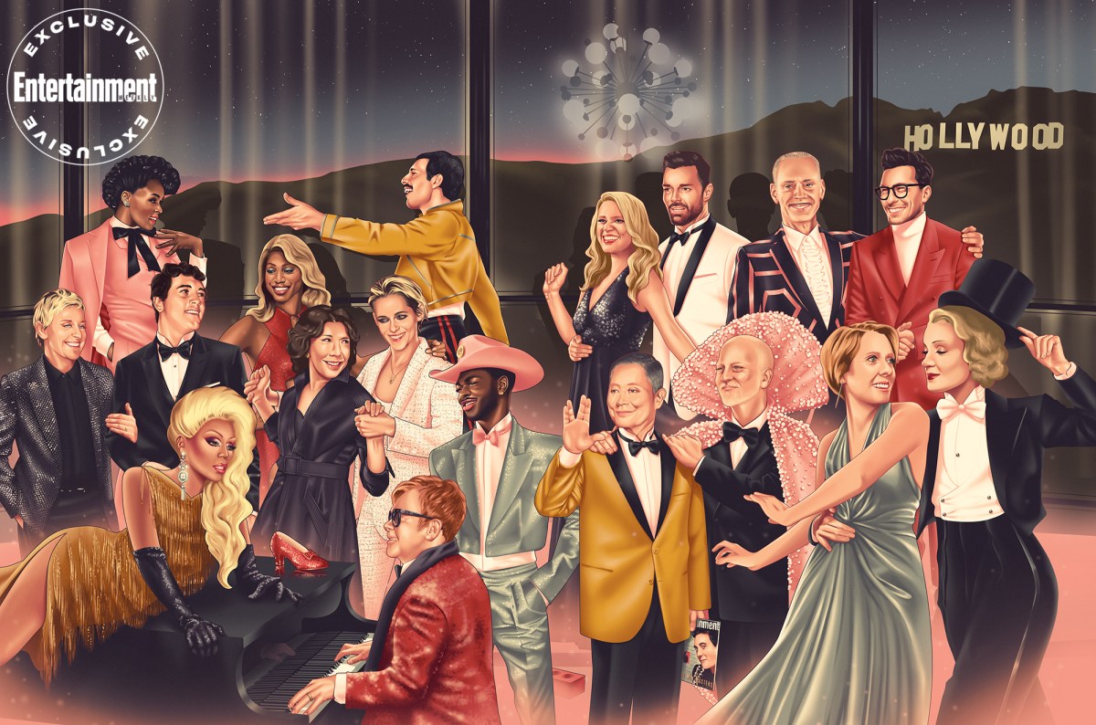 a collection of LGBTQ icons meets for a party in the uncanny valley on EW's cover