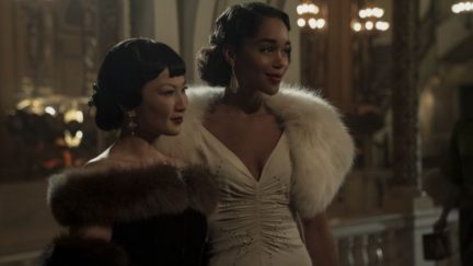 Michelle Krusiec and Laura Harrier in A Hollywood Ending (2020)