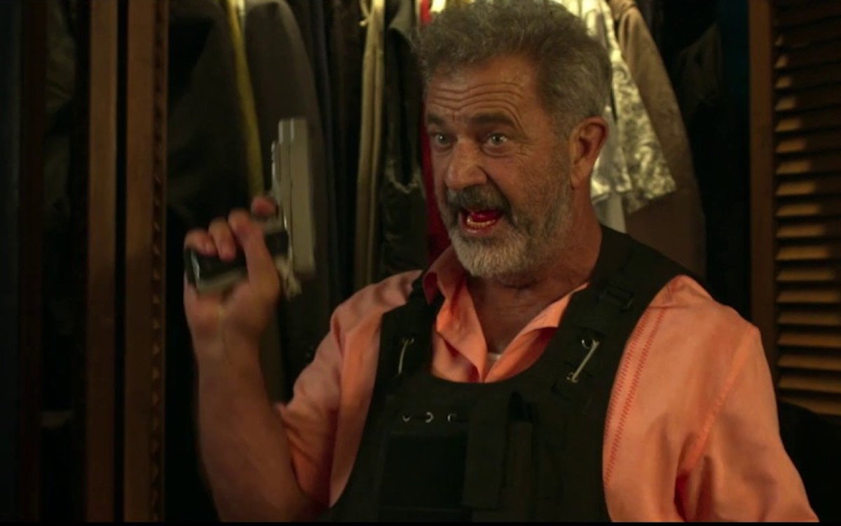 Mel Gibson holds a gun in the trailer for his crappy new movie.