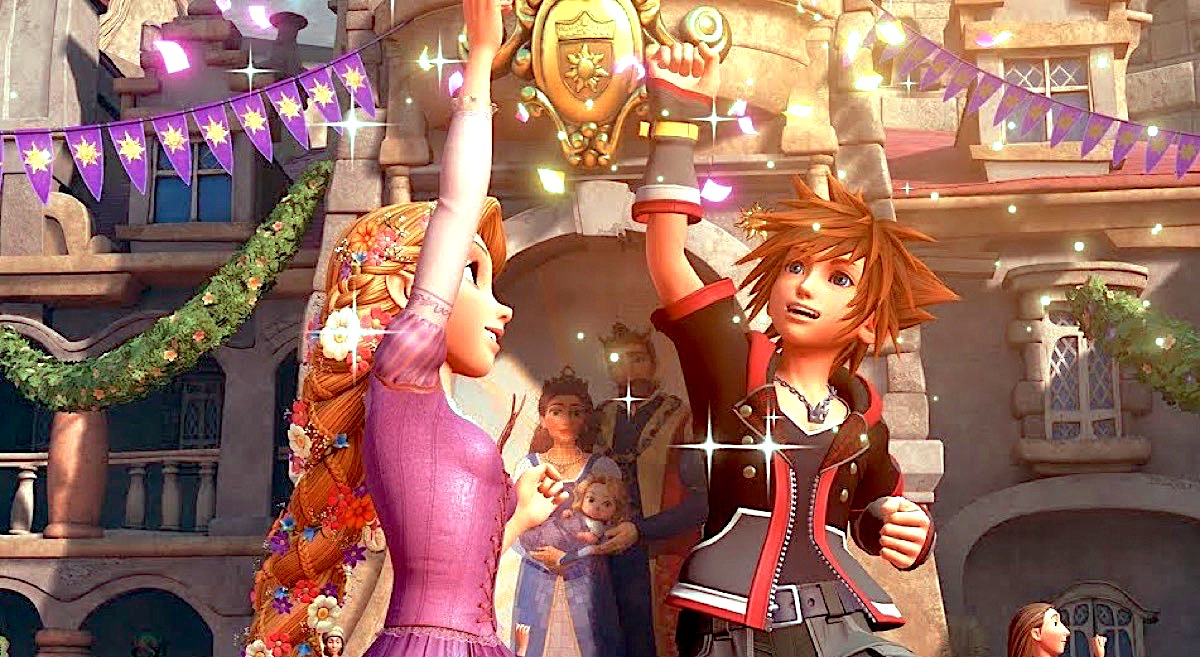Rapunzel and Sora in Kingdom Hearts 3.