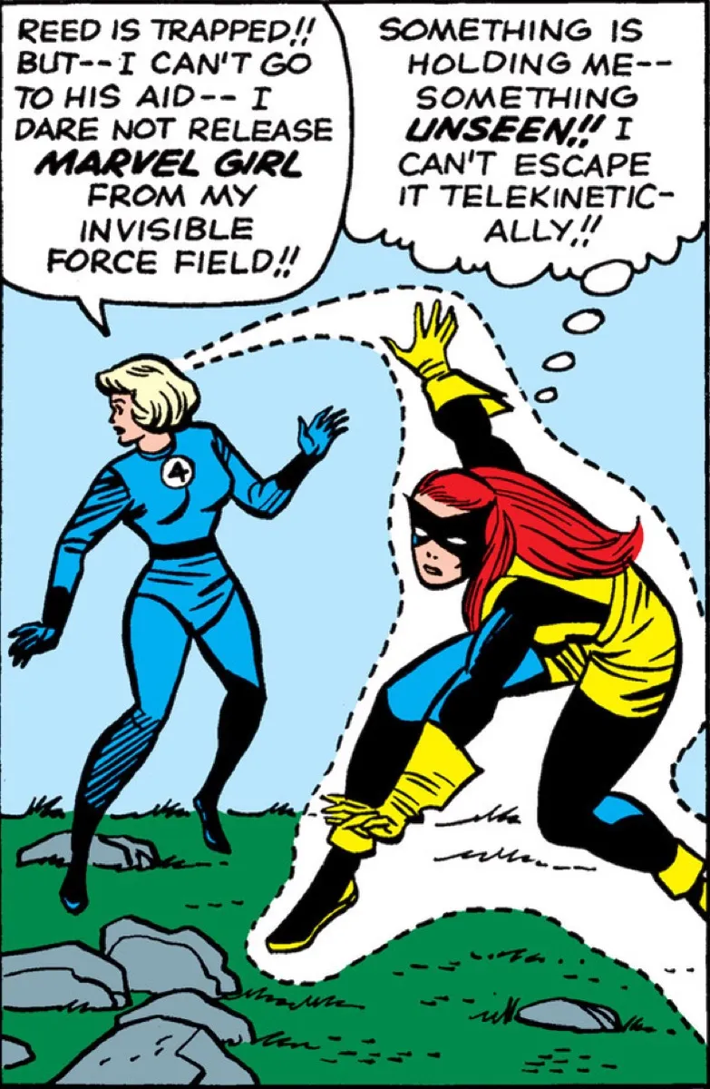 Sue Storm holding Marvel Girl in forcefield.