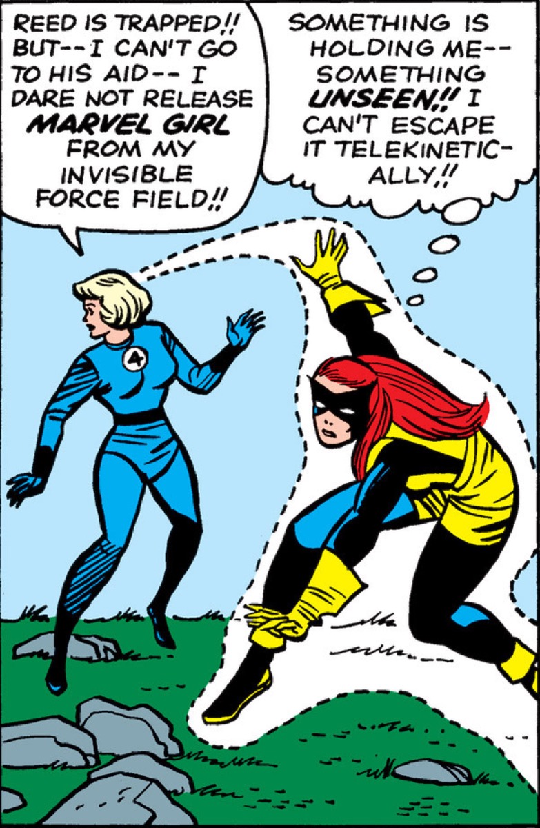 Sue Storm holding Marvel Girl in forcefield.