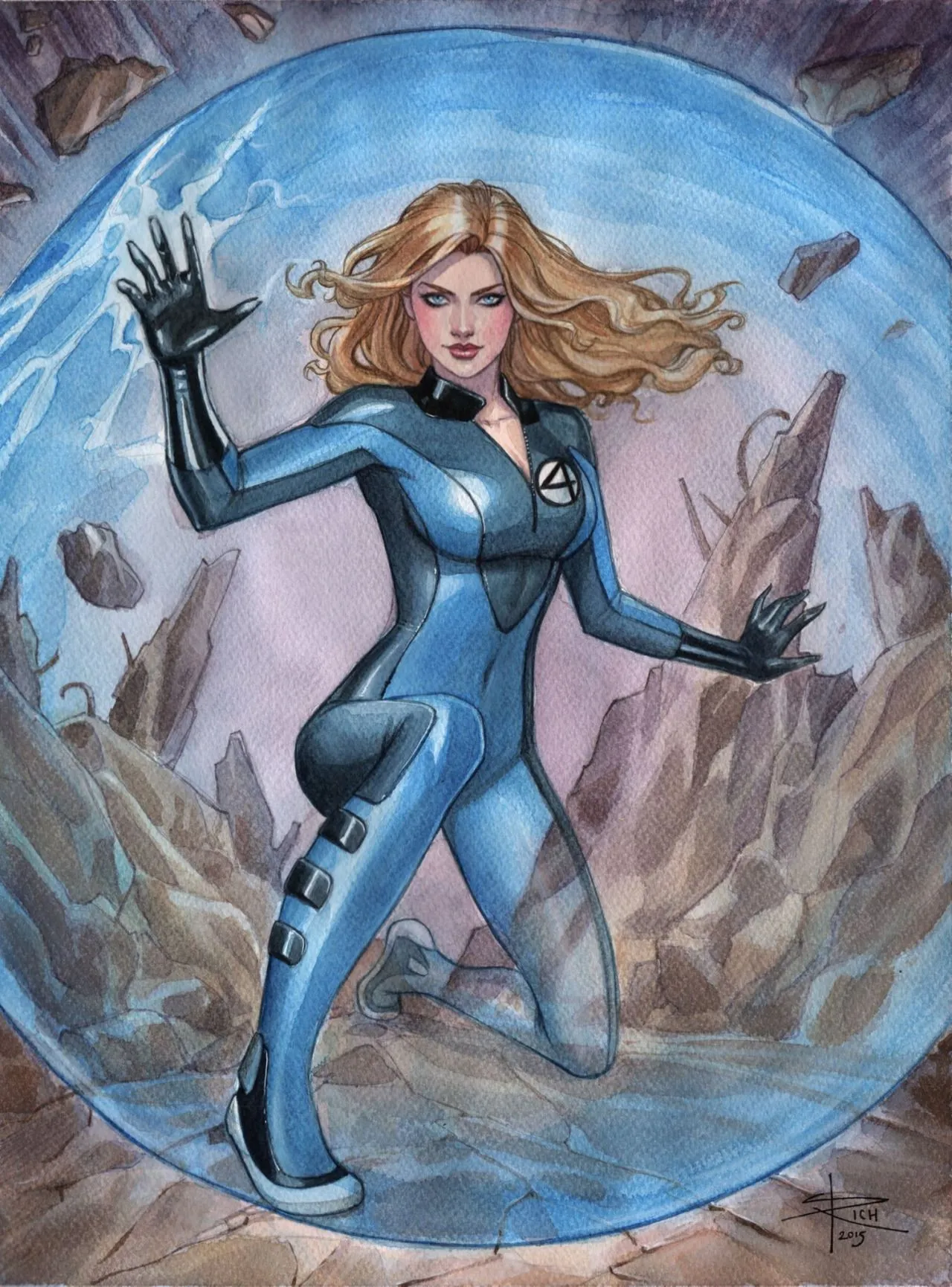 Sue Storm inside a force field.