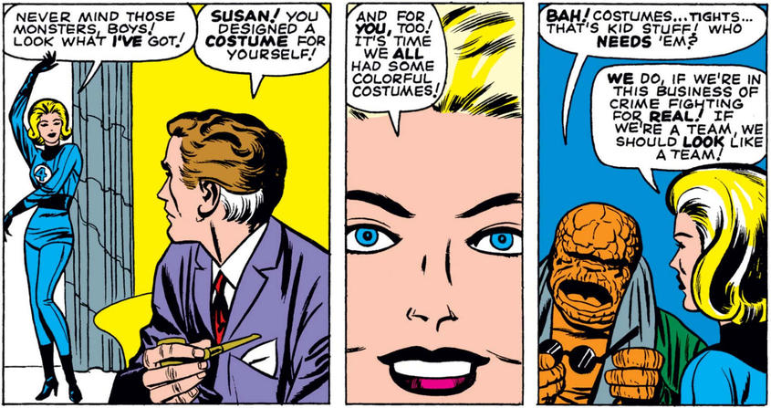 Sue Storm showing off new Fantastic Four outfits.