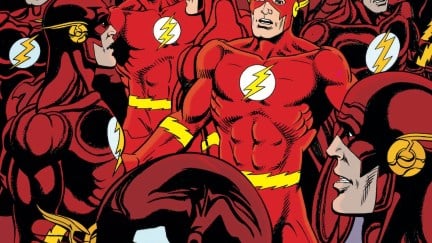 Mutliple versions of DC Comics' The Flash looking at one another