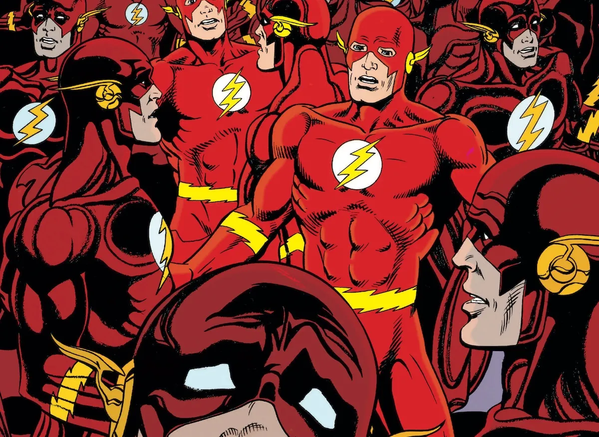 Mutliple versions of DC Comics' The Flash looking at one another