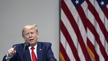 Donald Trump addresses reporters while standing in front of a row of American flags.