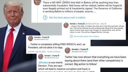 Donald Trump's tweets superimposed on an image of him smirking.