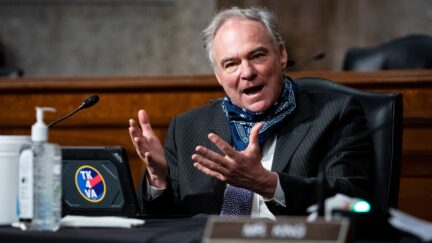 US Senator Tim Kaine speaks during a Senate Armed Services nominations hearing on Capitol Hill in Washington, DC on May 7, 2020. - The hearing was for US Ambassador to Norway Kenneth Braithwaite, nominated to be Secretary of the Navy; James Anderson, nominated to be Deputy Under Secretary of Defense For Policy; and General Charles Q. Brown, Jr., nominated to Chief of Staff of the US Air Force. (Photo by Al Drago / POOL / AFP) (Photo by AL DRAGO/POOL/AFP via Getty Images)