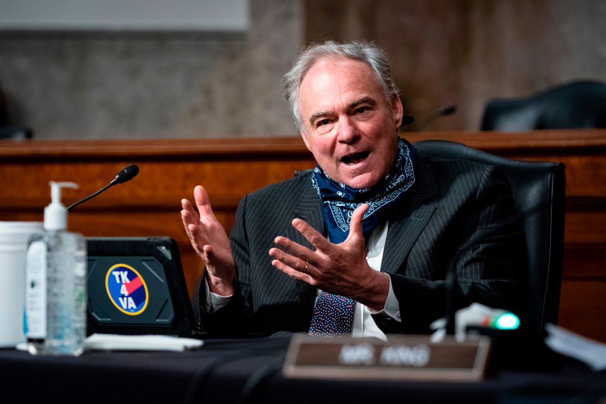 US Senator Tim Kaine speaks during a Senate Armed Services nominations hearing on Capitol Hill in Washington, DC on May 7, 2020. - The hearing was for US Ambassador to Norway Kenneth Braithwaite, nominated to be Secretary of the Navy; James Anderson, nominated to be Deputy Under Secretary of Defense For Policy; and General Charles Q. Brown, Jr., nominated to Chief of Staff of the US Air Force. (Photo by Al Drago / POOL / AFP) (Photo by AL DRAGO/POOL/AFP via Getty Images)