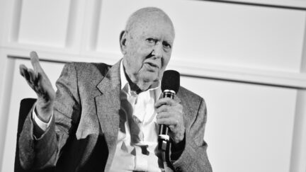 LOS ANGELES, CA - APRIL 08: (EDITORS NOTE: Image has been shot in black and white. Color version not available.) Actor/director Carl Reiner speaks onstage at the screening of 'The Jerk' during the 2017 TCM Classic Film Festival on April 8, 2017 in Los Angeles, California. 26657_003 (Photo by Charley Gallay/Getty Images for TCM)