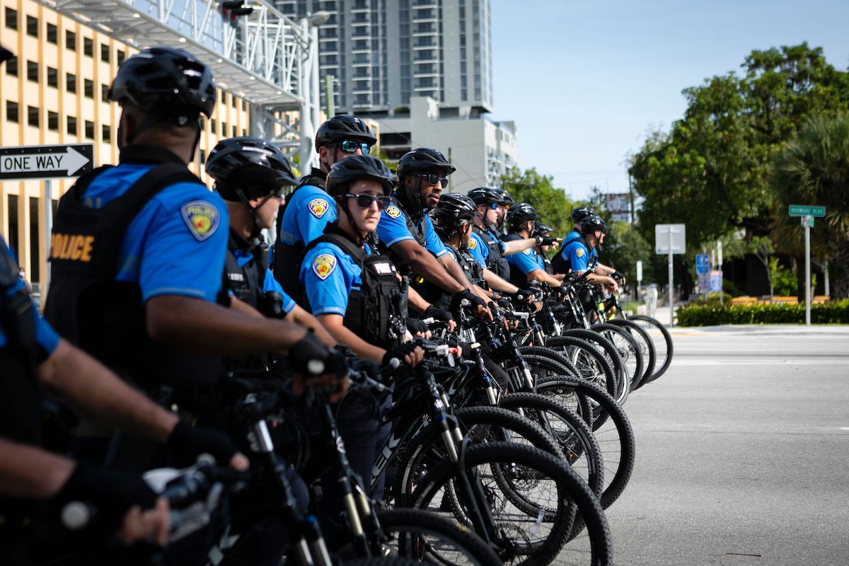 A row of police cyclists