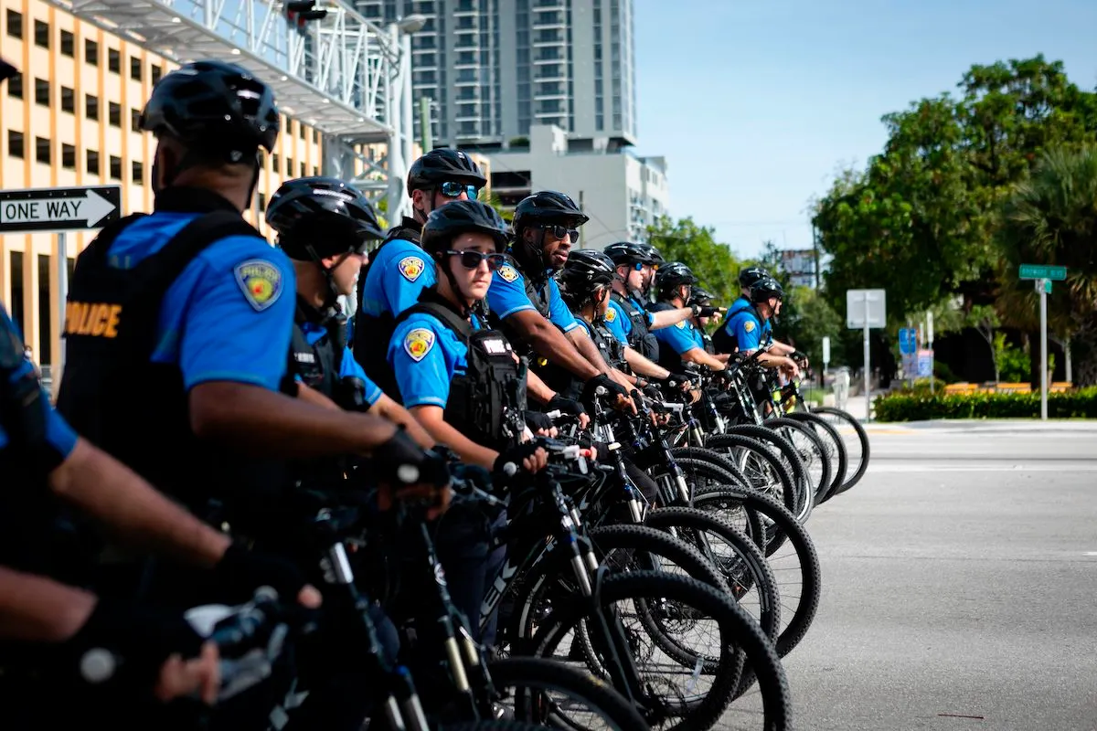 A row of police cyclists