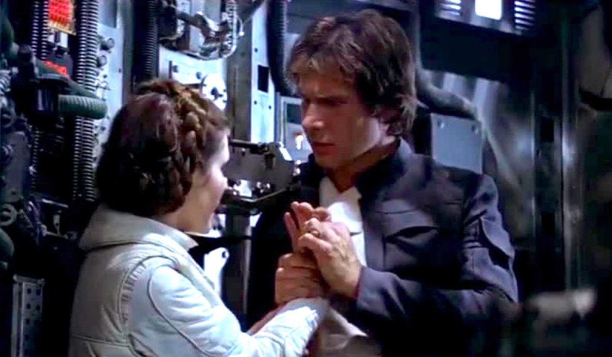 Han and Leia kiss scene in Star Wars: The Empire Strikes Back.