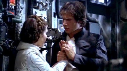 Han and Leia kiss scene in Star Wars: The Empire Strikes Back.