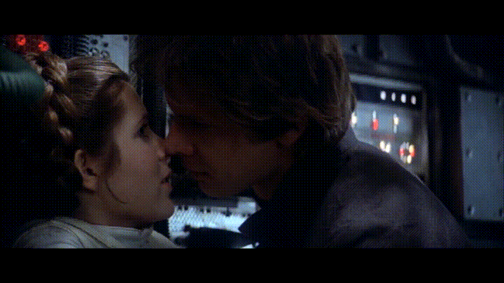 Han and Leia kiss in Star Wars: The Empire Strikes Back.