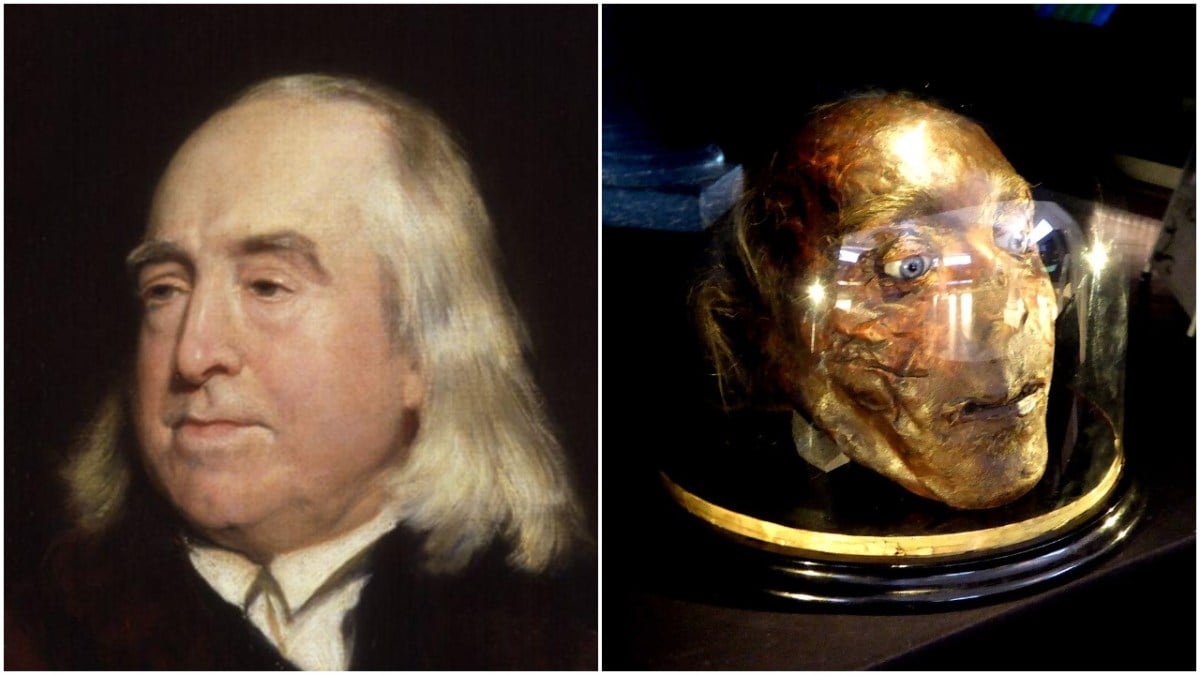 portrait of jeremy bentham alongside a picture of his mummified head