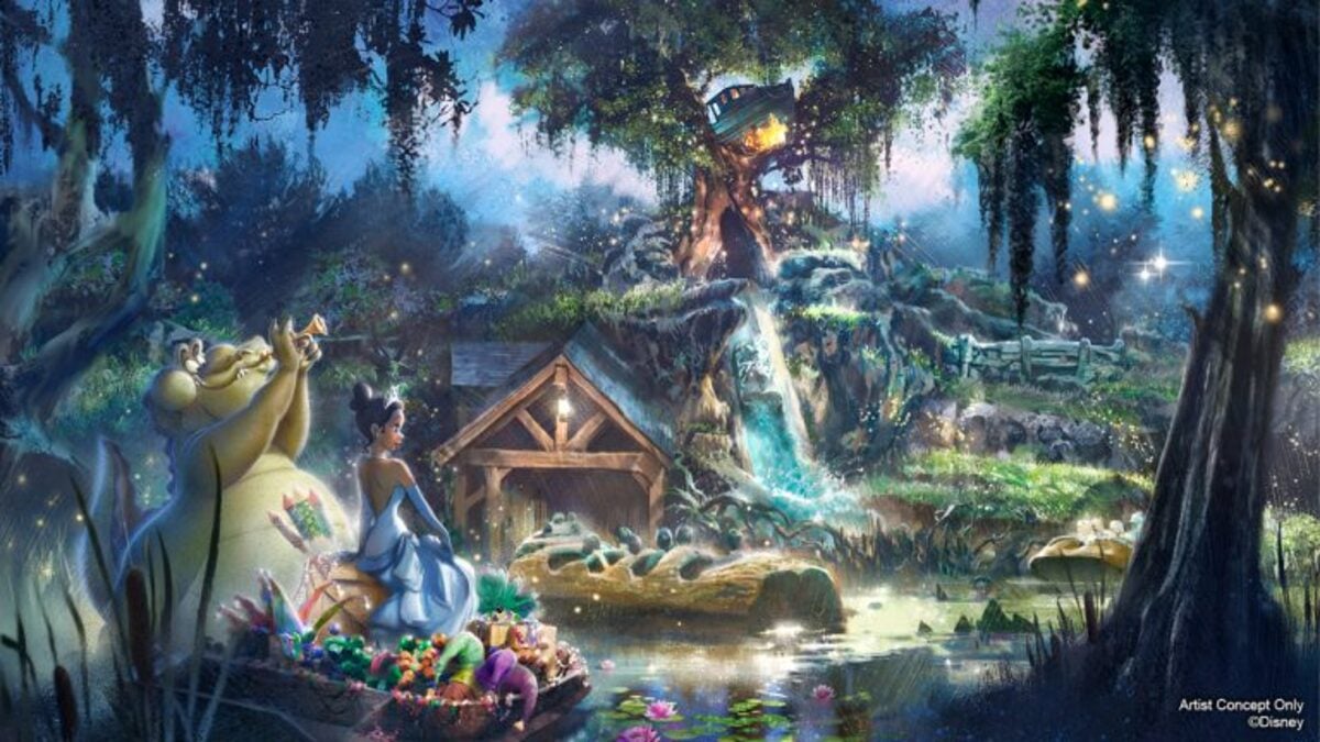 concept art for a redesign of splash mountain based on the princess and the frog