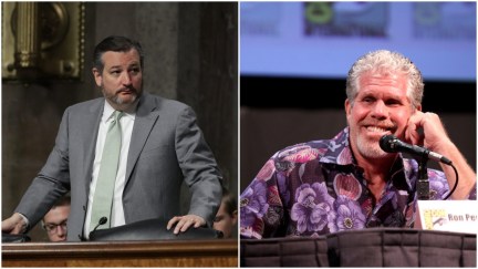 ted cruz looks across a collage at a smiling ron perlman