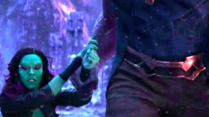 Thanos dragging Gamora to the cliff in Marvel's Avengers: Infinity War.