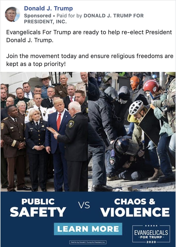 trump campiagn ad screenshot comparing trump with military to protest in ukraine.