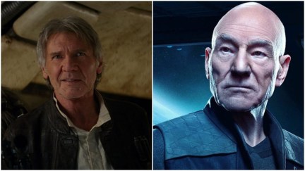 Collage: harrison ford as han solo and patrick stewart and captain picard