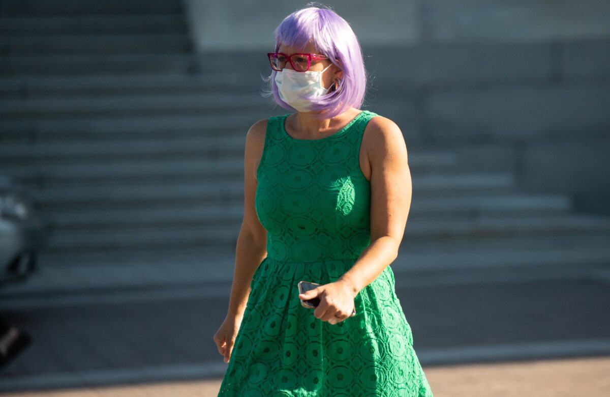 US Senator Kyrsten Sinema (D-AZ) wearing a mask to protect herself and others from COVID-19, known as coronavirus, leaves following a vote at the US Capitol in Washington, DC, May 4, 2020. (Photo by SAUL LOEB / AFP) (Photo by SAUL LOEB/AFP via Getty Images)