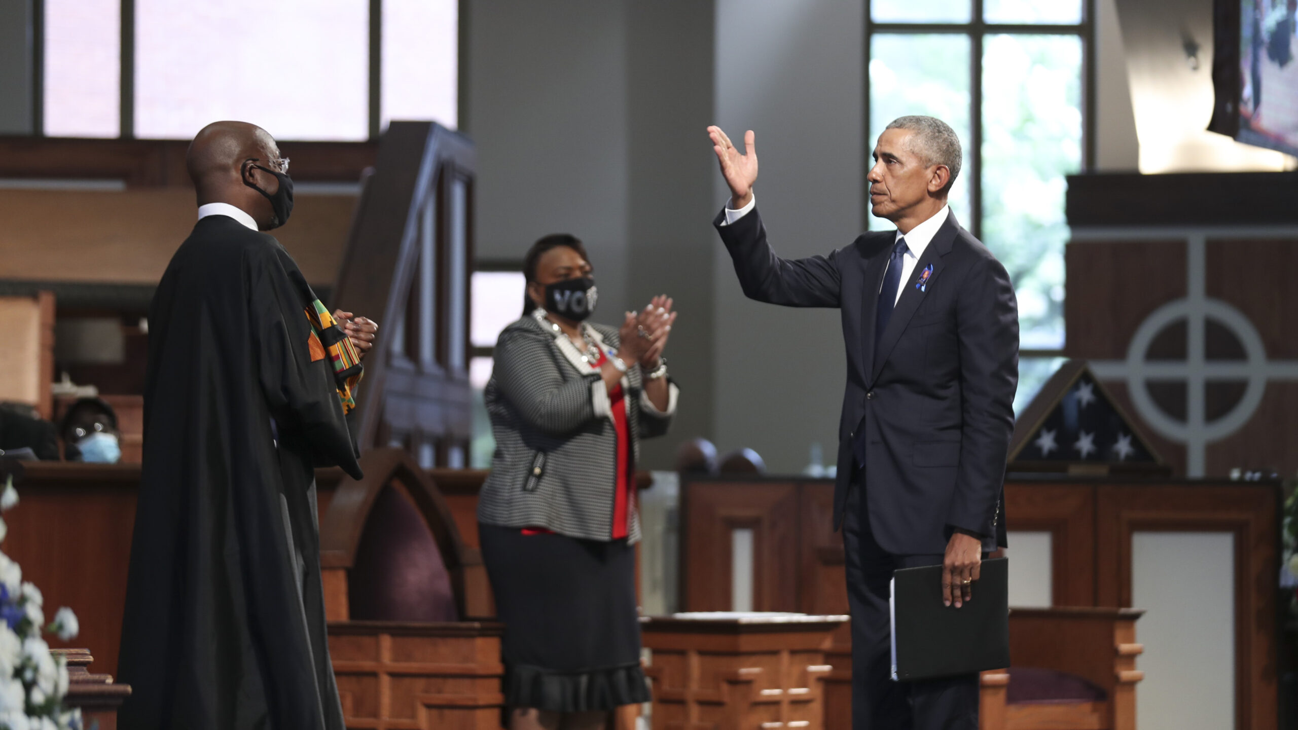 Former US President Barack Obama speaks during the funeral of late Representative and Civil Rights leader John Lewis(D-GA) at the State Capitol in Atlanta, Georgia on July 30, 2020. - Lewis, a 17-term Democratic member of the US House of Representatives from the southern state of Georgia, died of pancreatic cancer on July 17 at the age of 80. (Photo by Alyssa Pointer / POOL / AFP) (Photo by ALYSSA POINTER/POOL/AFP via Getty Images)