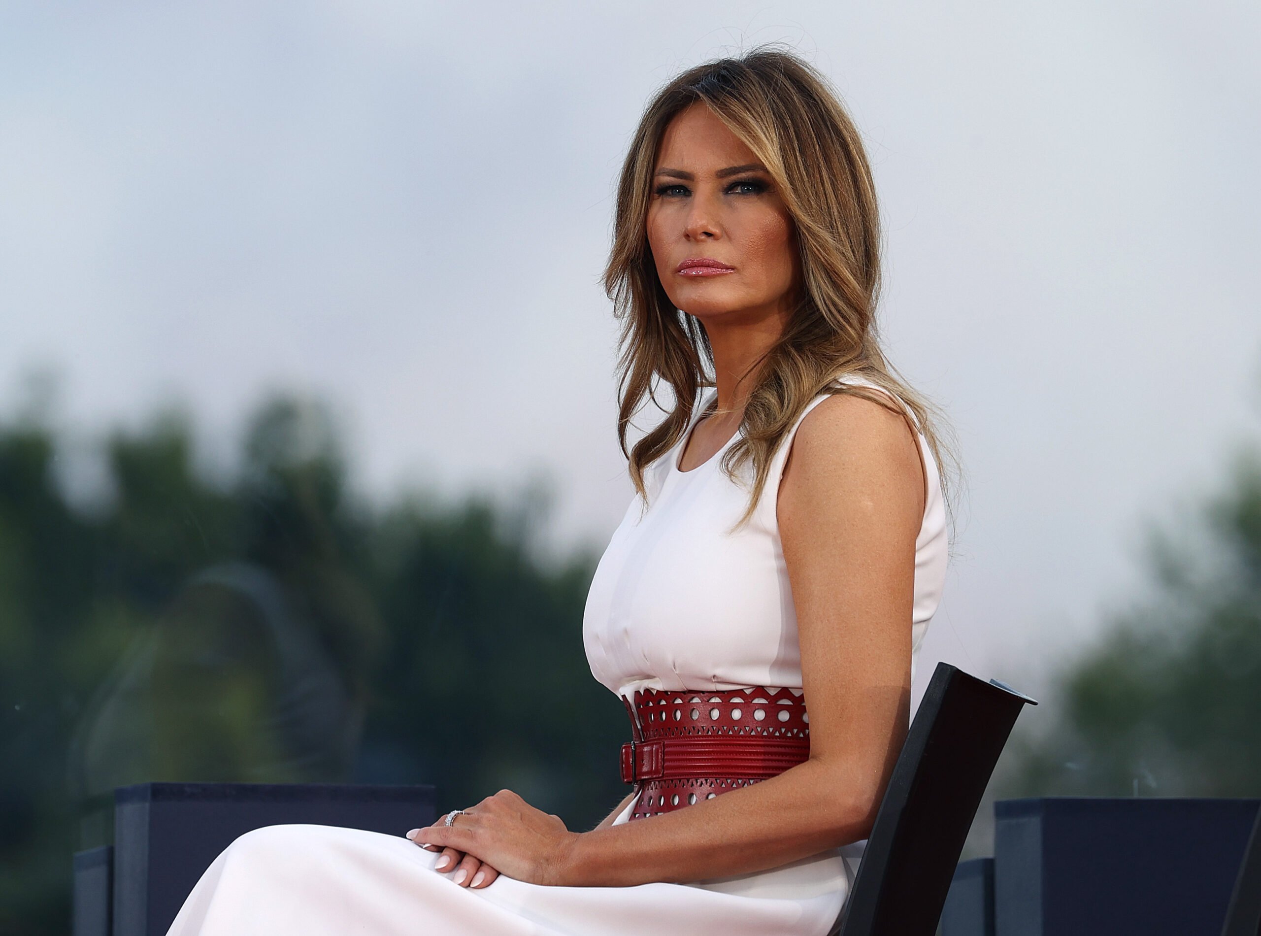 WASHINGTON, DC - JULY 04: First Lady Melania Trump attends an event on the South Lawn of the White House on July 04, 2020 in Washington, DC. President Trump is hosting a "Salute to America" celebration that includes flyovers by military aircraft and a large fireworks display. (Photo by Tasos Katopodis/Getty Images)