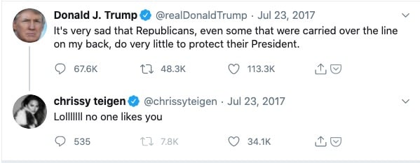 Chrissy Teigen tweets at Trump "lol no one likes you"