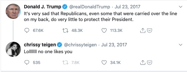 Chrissy Teigen tweets at Trump "lol no one likes you"