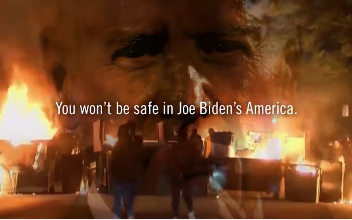 A still from a Trump ad claiming "You won't be safe in Joe Biden's America."