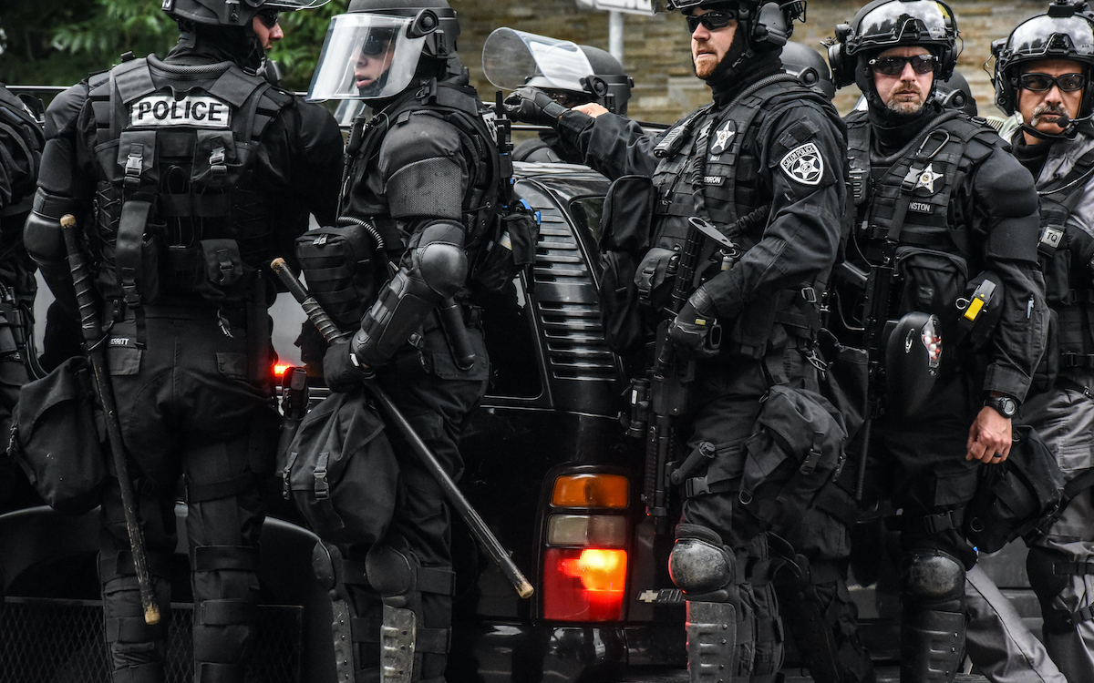 Police gather in Portland.
