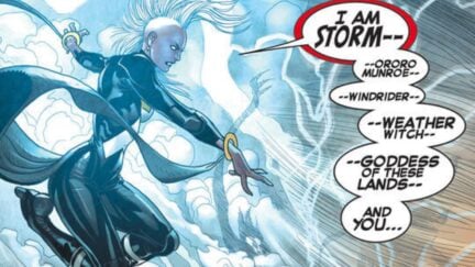 Storm shooting lightning in Marvel comics.
