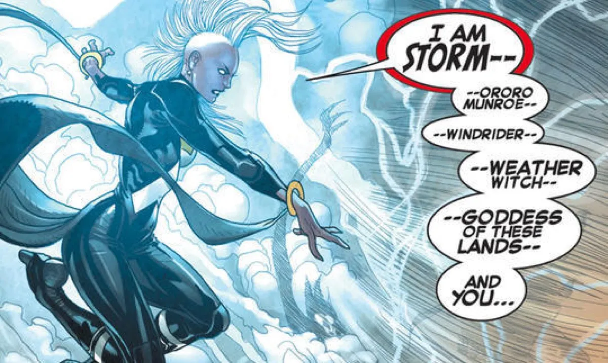 Storm shooting lightning in Marvel comics.