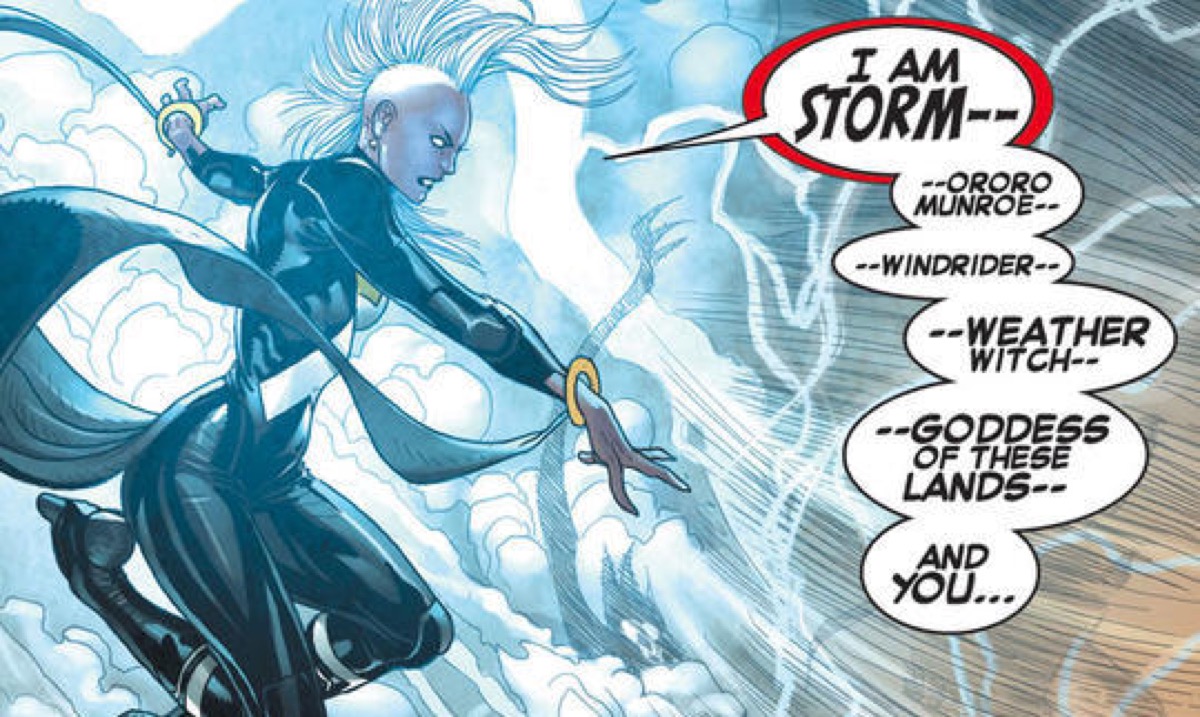 Storm shooting lightning in Marvel comics.