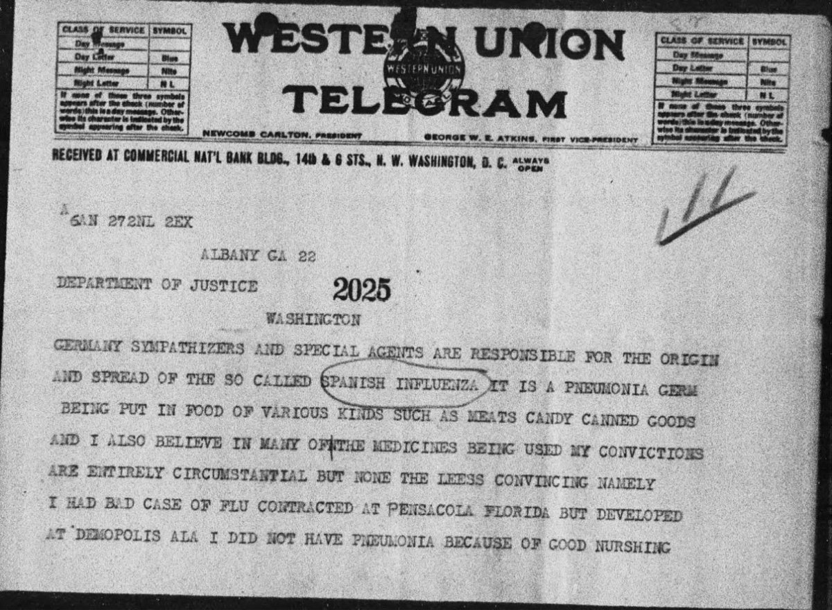 Telegram from 1918 about the Spanish Flu pandemic conspiracy theory