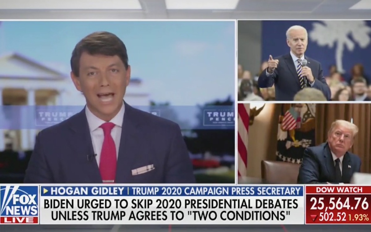 Trump campaign press secretary Hogan Gidley rants on Fox News next to pictures of Trump and Biden.