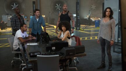 Dwayne Johnson, Ludacris, Michelle Rodriguez, Tyrese Gibson, Scott Eastwood, and Nathalie Emmanuel in The Fate of the Furious (2017)