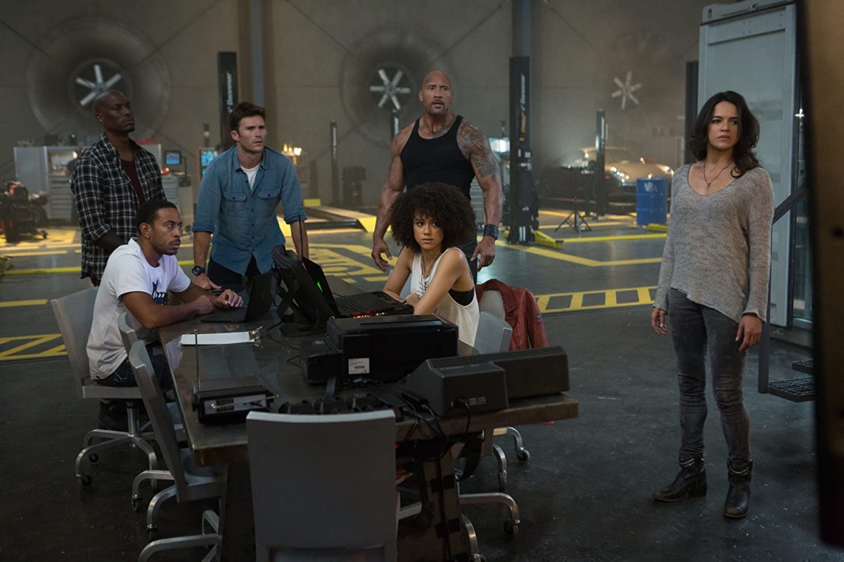 Dwayne Johnson, Ludacris, Michelle Rodriguez, Tyrese Gibson, Scott Eastwood, and Nathalie Emmanuel in The Fate of the Furious (2017)