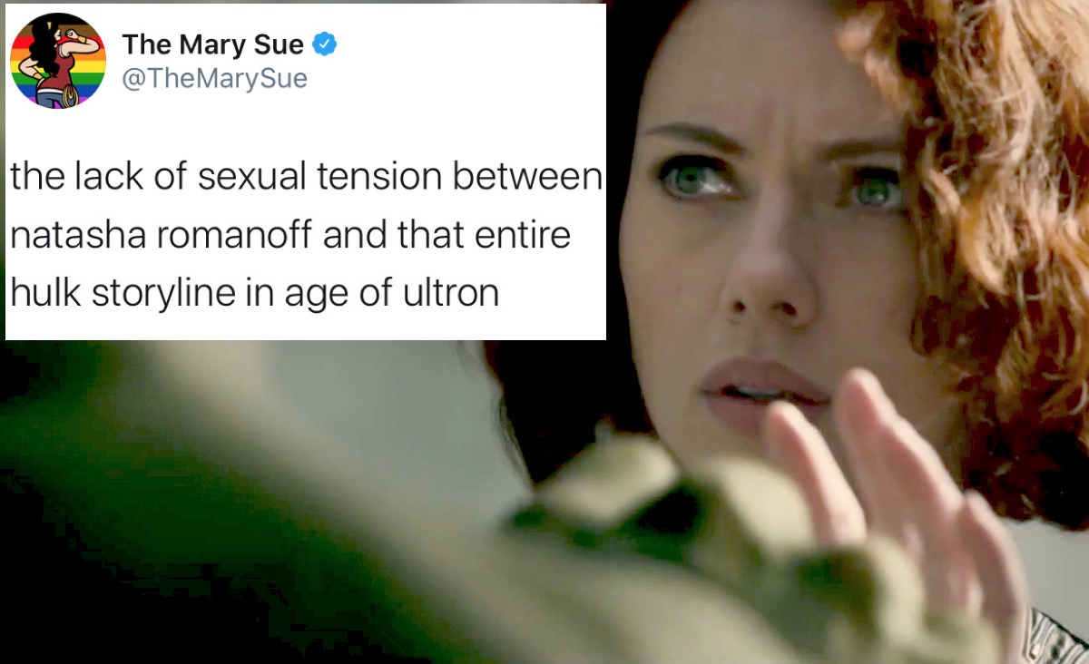 Age of Ultron Natasha and Hulk with "sexual tension" meme.