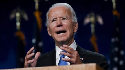 Former vice-president and Democratic presidential nominee Joe Biden accepts the Democratic Party nomination for US president during the last day of the Democratic National Convention, being held virtually amid the novel coronavirus pandemic, at the Chase Center in Wilmington, Delaware on August 20, 2020. (Photo by Olivier DOULIERY / AFP) (Photo by OLIVIER DOULIERY/AFP via Getty Images)