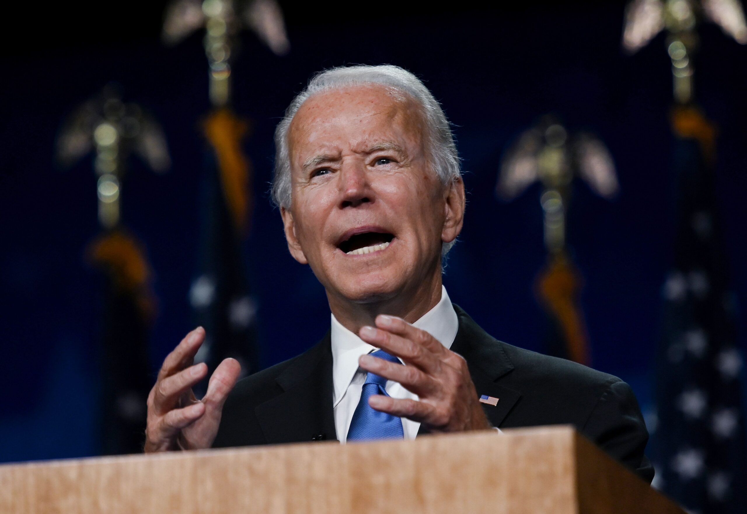 Former vice-president and Democratic presidential nominee Joe Biden accepts the Democratic Party nomination for US president during the last day of the Democratic National Convention, being held virtually amid the novel coronavirus pandemic, at the Chase Center in Wilmington, Delaware on August 20, 2020. (Photo by Olivier DOULIERY / AFP) (Photo by OLIVIER DOULIERY/AFP via Getty Images)